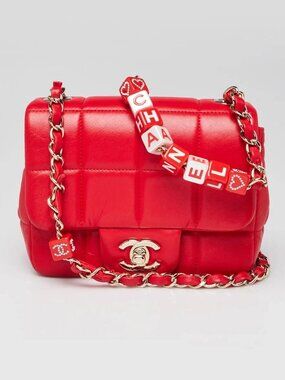 Chanel Red Quilted Lambskin Leather Monacco Mini Square Flap Bag